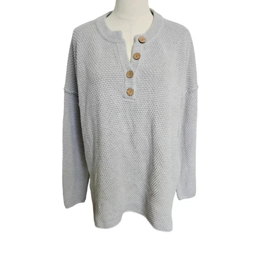 Womens Gray Drop Shoulder Knit Sweater Buttons Pullover